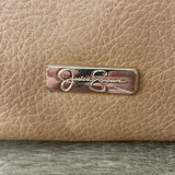 a** Womens JESSICA SIMPSON Tan Leather Cross Body Purse Clutch Bag Adj Strap