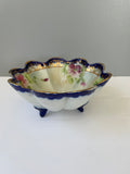 <€€ Vintage Hand Painted Porcelain Footed Bowl Flowers Gold Rim Decor Pink Purple Blue