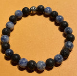 New Black Lava & Blue Glass Beads Stretch Beaded Bracelet Silver Spacer for Womens/Teens Yoga