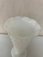 a** Vintage Milk Glass Vase White 7.25” Pedestal Hobnail Ruffle Edge Tall