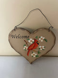 *Pair/Set of 2 Painted “WELCOME” Hanging Heart Wood Block Sign Plaque Red Bird Cardinal Rooster