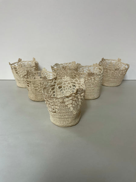 Vintage Starched Crochet Bowl Cup Wrap in Ivory Set of 6