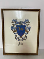 Vintage “FOX” Family Crest Framed Art Cobolt Blue & Gold Coat of Arms