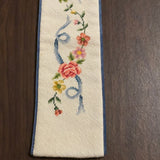 €€ Vintage Needlepoint 45" Table RUNNER Floral Pattern Pink Roses Blue Ribbon Velvet Backing