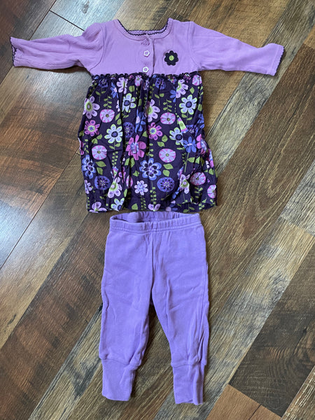 Carter’s Baby Girl 3 Month Spring Fall 2 Piece Long Sleeve Bodysuit Top and Pant Set Purple Floral Print