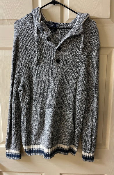 Mens Medium AMERICAN EAGLE Outfitters Gray & White Knit Pullover Hoodie Sweater 1/4 Button