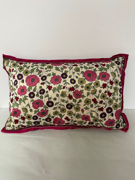 € Rectangular Satin & Velvet Pillow Flowers Pink Purple & Green 18.5” L x 12” W