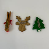 a** Wood Lapel Pins Set/3 Christmas Winter Holiday Tree Reindeer Bundle