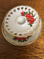 Vintage Holiday Christmas Iridescent Gold Rim Poinsettia Taper Candle Holder and Plate