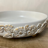 <€€ Vintage Wood Primitive Bowl Feet Painted Gray w/ Gold Distressed Flower Molds