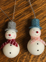 <€€ Vintage Set Pair of 2 2.5” Snowman Foam Ornaments with Glitter Top Hat Blue Silver Scarf