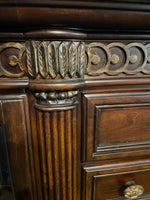 ~ Beautifully Carved Buffett~Server~Cabinet Glass Front Drawers Curio~TV Display Marble Top