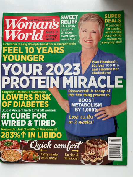 NEW WOMAN’S WORLD 2023 Magazine protein Miracle January 9 Feel Younger Lower Diabetes