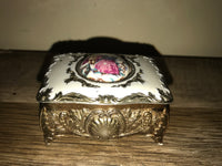 ~ Vintage Gold and Ceramic Victorian Lidded Lined Trinket Keepsake Box