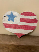 AMERICANA Heart Shaped Flag Painted Wood Sign Wall Art