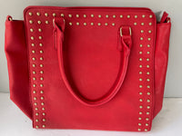 (L) New Large Satchel Shoulder Bag Red Faux Leather Gold Studded Accents