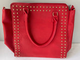 New Large Satchel Shoulder Bag Red Faux Leather Gold Studded Accents