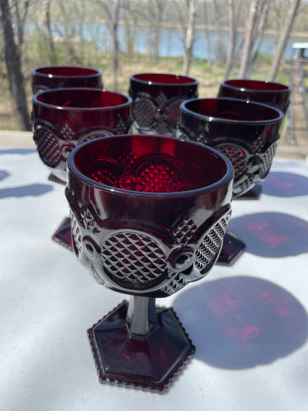 Vintage Set/7 AVON 1876 Cape Cod Ruby Red Garnet Colored Pedestal 6” Wine Water GOBLETs #11