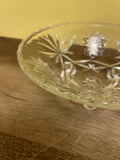 ~ Vintage Starburst Clear Etched Glass 3 Footed Candy Dish Bowl 6.75” Scalloped Rim