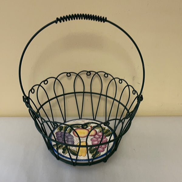 ~ Green Metal Wire Handled Basket Planter w/ Round Tile Fruit Motif