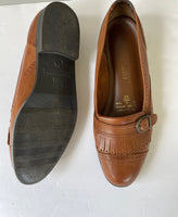 Womens The Leather Collection Flat Loafers Size 7 Brown Leather Side Buckle Fringe