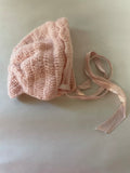 Vintage 1960s Baby Girls Beige Knit Crochet Bonnet Hat Cap
