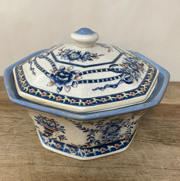a** Vintage Lidded Serving Bowl Blue and Pink Floral Enamel Crackle Pottery Decor