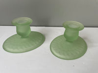 (L) <€€ Antique 1920s Set of 2 Frosted Green Satin Glass Taper Candle Holders and Matching Flower Frog