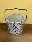 €€ Blue Splatterware/Spongeware 4” H x 4” Diameter Crock Pottery Wire Handle