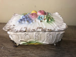 a** Vintage Footed Ceramic Lidded Trinket Keepsake Box w/ Sculpted Fruits Distressed Gold