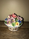 a** Vintage Italy Ceramic Handpainted Round Lidded Trinket Keepsake Box w/ Sculpted Flowers Woven Affect
