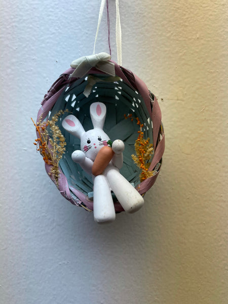 Vintage Enesco Decorative Easter Hanging Ornament Spring Wood Bunny in Basket