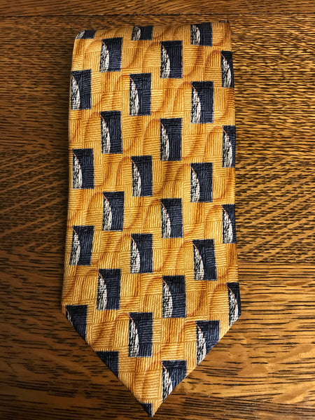 Mens J.Z. RICHARDS Parisian American Made Silk Blue Geometric on Gold Neckware Tie Necktie