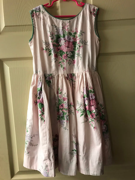 Vintage Girls Size 7/8 Sleeveless Pink Floral Dress Back Button Homemade Easter Springtime