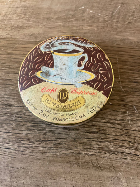 a** Vintage CAFE ESPRESSO Empty Coffee Flavor Candy Drops Round France Decorative Tin