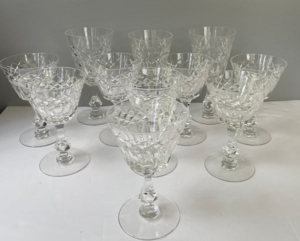 a** Vintage Set/11 Crystal Wine Glasses Vertical and Diamond Cut Pattern 3 Sizes