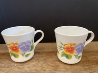 Vintage Pair/Set of 2 Corning #27 Summer Blush Pansies on White Tea Coffee Cups Mugs