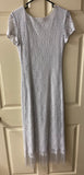 Womens JESSICA HOWARD Silver Metallic Thread Crocheted Cap Sleeve Party Cocktail Dress Fringe Hem Sz 8