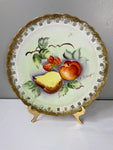 a** Vintage Decorative 8” Serving Plate White w/ Fruits Gold Gilt Cut Out Edge Ceramic