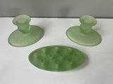 (L) <€€ Antique 1920s Set of 2 Frosted Green Satin Glass Taper Candle Holders and Matching Flower Frog