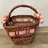 [L] <€€ Vintage Small Rectangle Wood Woven Basket w/ Handle Ribbon Brown Flowergirl