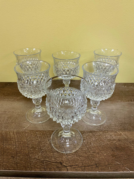 ~ Vintage Set/6 Indiana Glass Clear Tiara Diamond Point Cut Water Wine Goblets 5.25” Tall