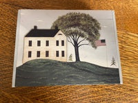 *Vintage Empty Notecard Flip Lid Box Warren Kimble Folk Art “House with Flag” Raised House
