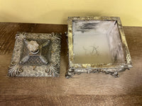 Stone and Silver Square Keepsake Trinket Storage Box with Lid and Elephant Head Footed Jewels