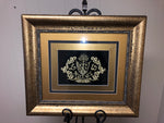 € Ornate Family Crest Gold Framed Art MBIGI Gold Thread on Black Crown Sword Coat of Arms