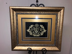 <€€ Ornate Family Crest Gold Framed Art MBIGI Gold Thread on Black Crown Sword Coat of Arms